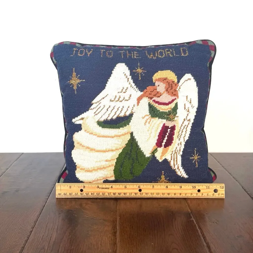Vintage Christmas Needlepoint Pillow | Angel Joy to the World Holiday Decor